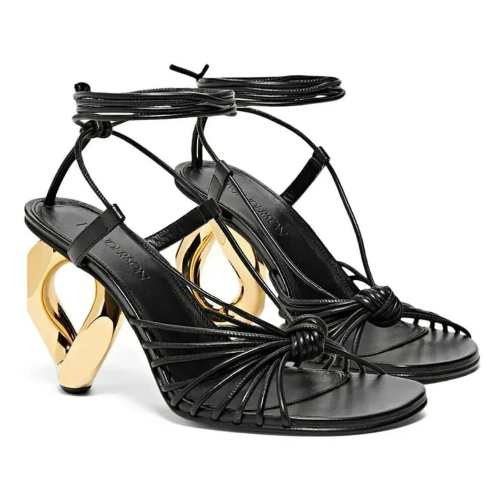 JW Anderson Women's Lamb Ankle Tie Chain High Heel Sandals Size 37 (MSRP $850)
